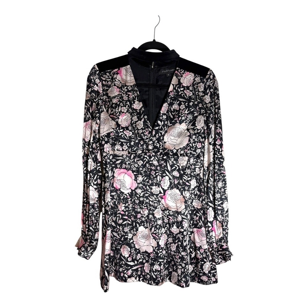 Jill Stuart Camilla Floral Print Mini Dress Velvet Trim and Cut Out Mock Neck  2 - Picture 4 of 10
